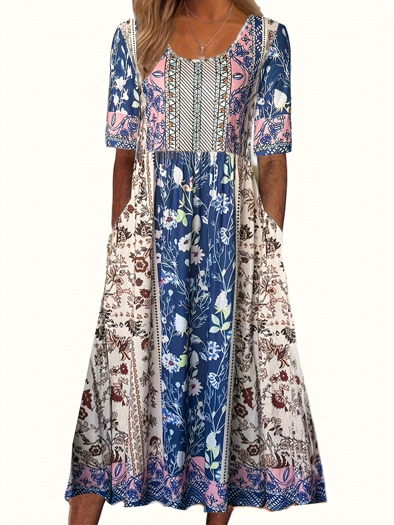 Plus Size Boho Charm - Vibrant Color block Floral Maxi Dress