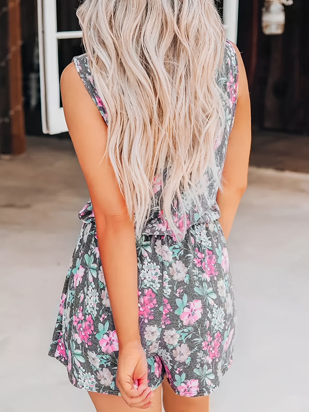 Charming Floral Print Jumpsuit - V-Neck, Sleeveless