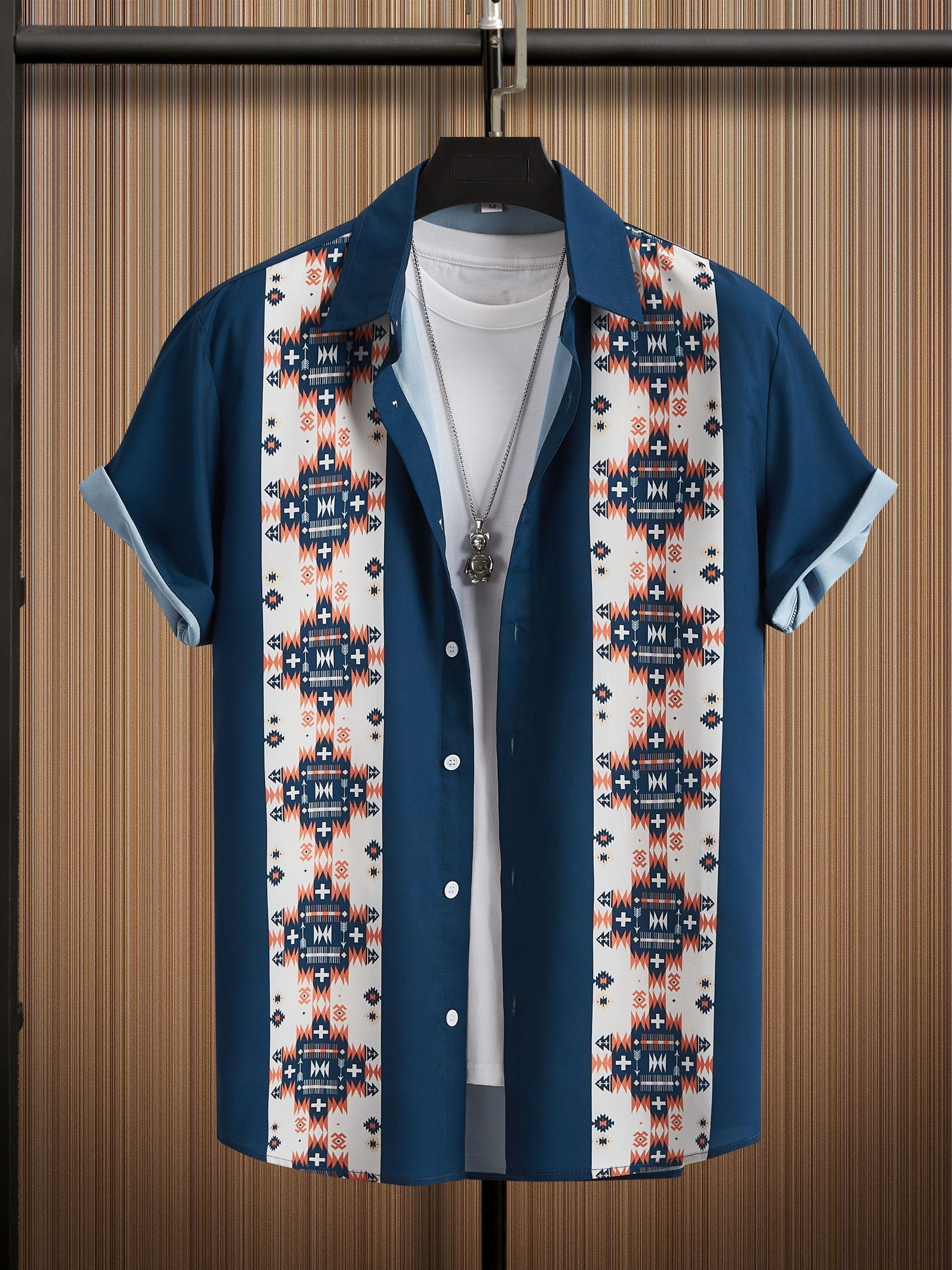 Bohemian Print Color Block Men's Casual Summer Short Sleeve Button Up