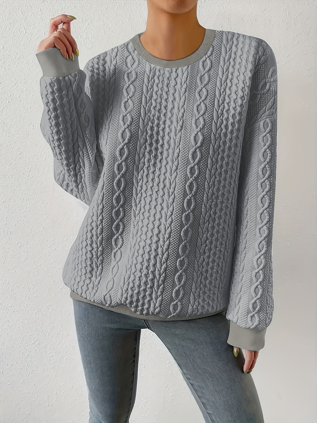 Loose Fit Women's Casual Textured Round Neck Pullover Sweatshirt