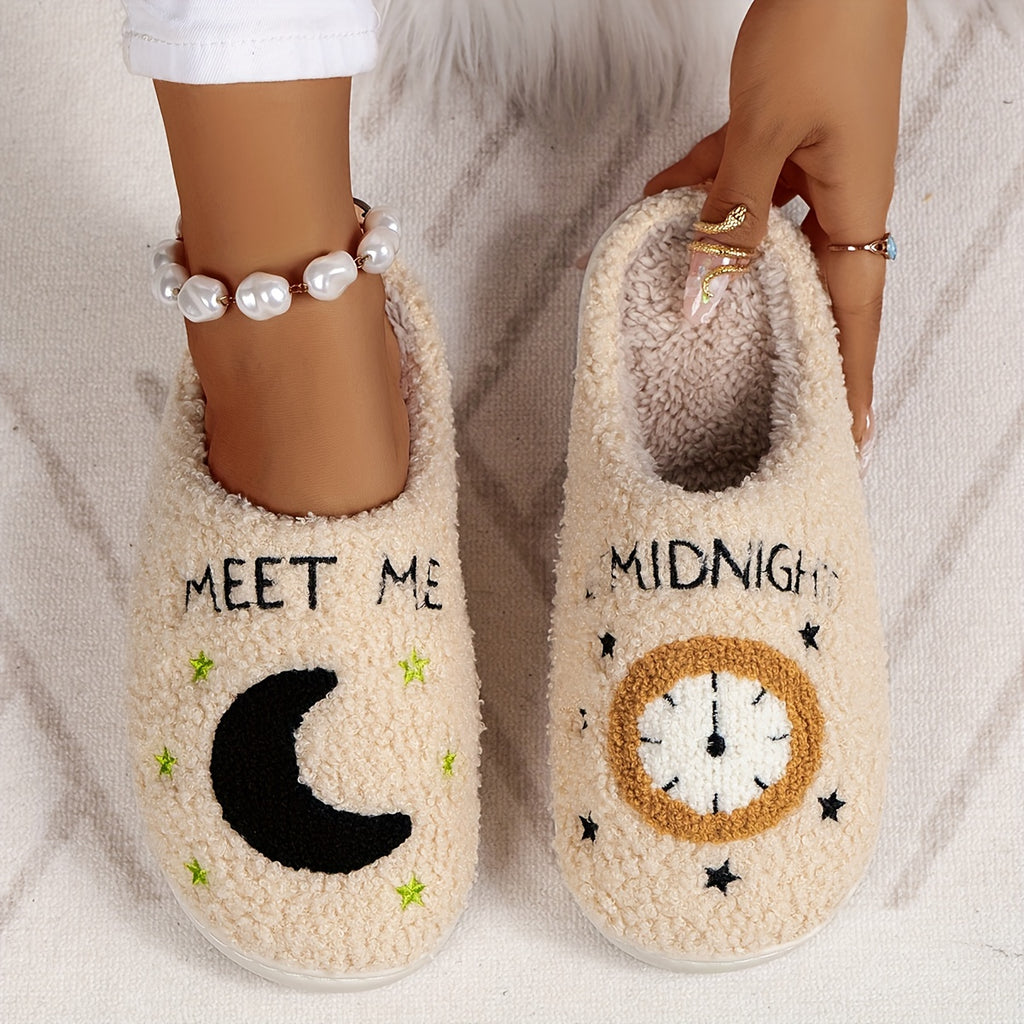 Cozy Women's Midnight Moon Clock Closed Toe Fuzzy Slippers