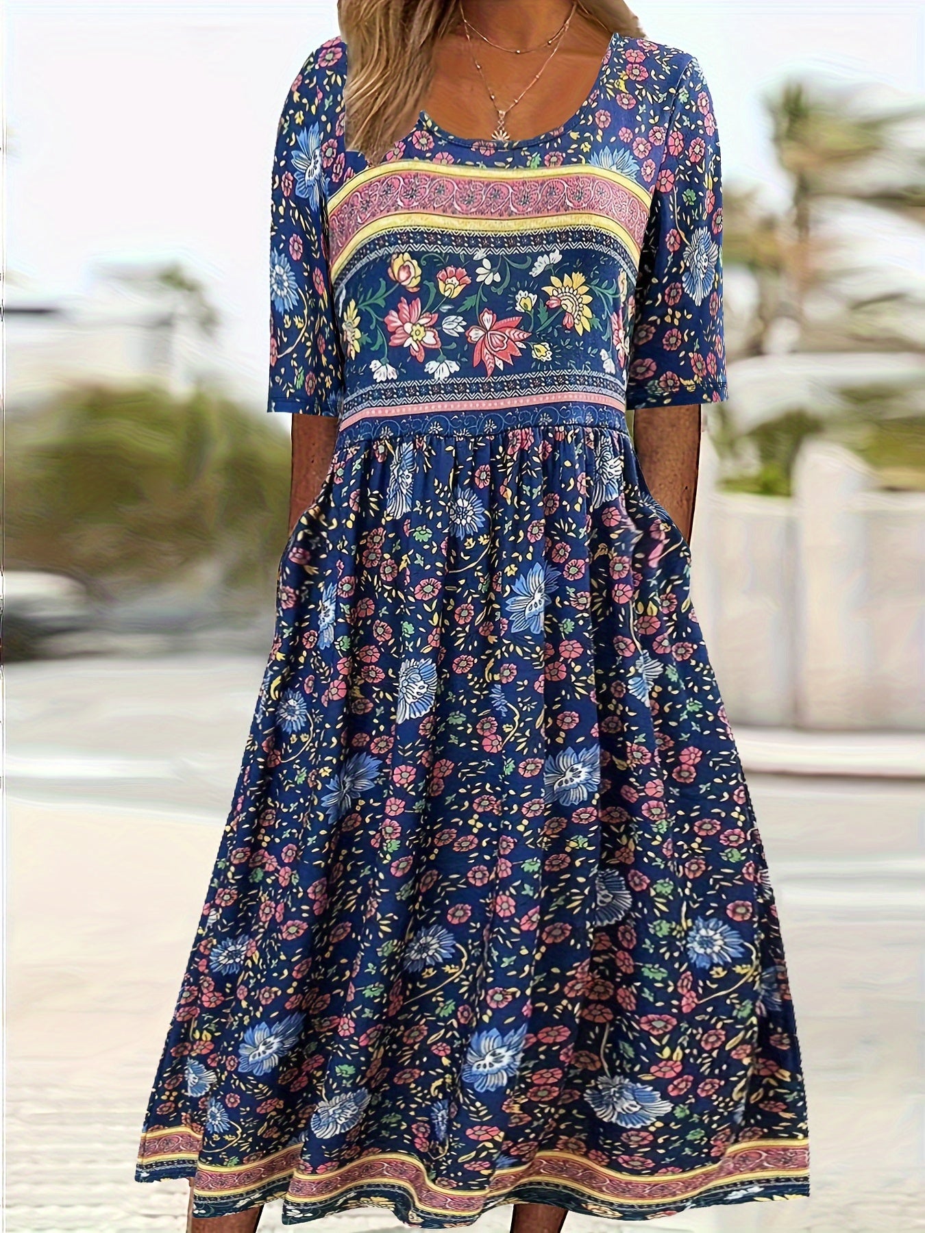Plus Size Boho Charm - Vibrant Color block Floral Maxi Dress