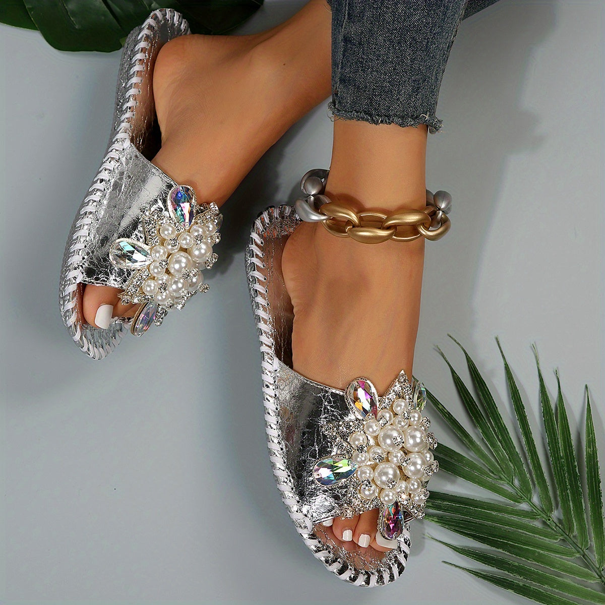 Women's Hand Stitched Floral Rhinestone Pearl Slipper