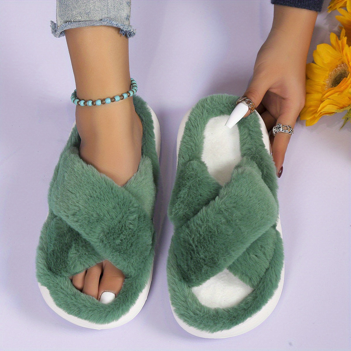 Women'S Plush Faux Fur Slippers with Thick EVA Sole