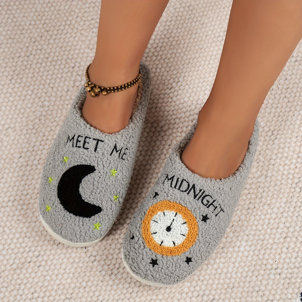 Cozy Women's Midnight Moon Clock Closed Toe Fuzzy Slippers