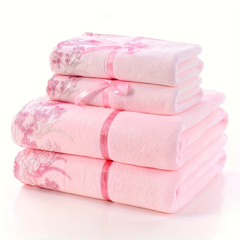 4pcs Floral Embroidered Towel Set, Ultra-Fine Fiber Towels