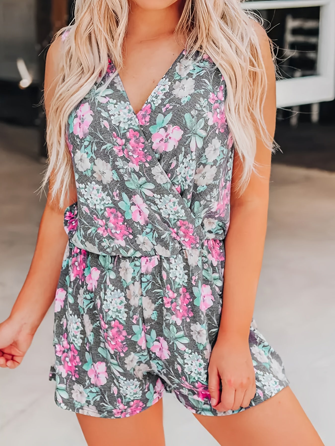 Charming Floral Print Jumpsuit - V-Neck, Sleeveless