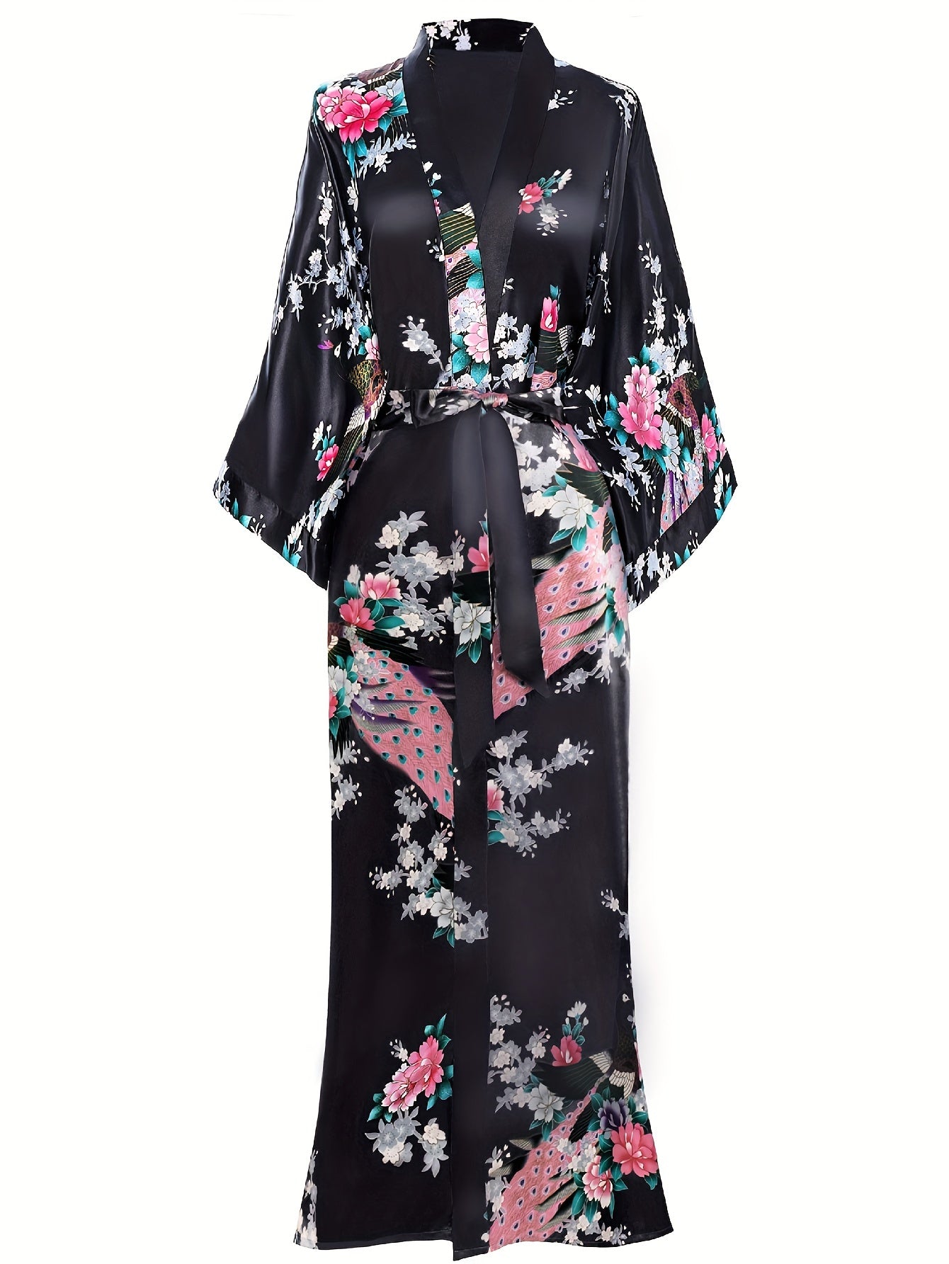 Women's Kimono Robe Long Satin Robes with Peacock/Blossoms Kimono Gown