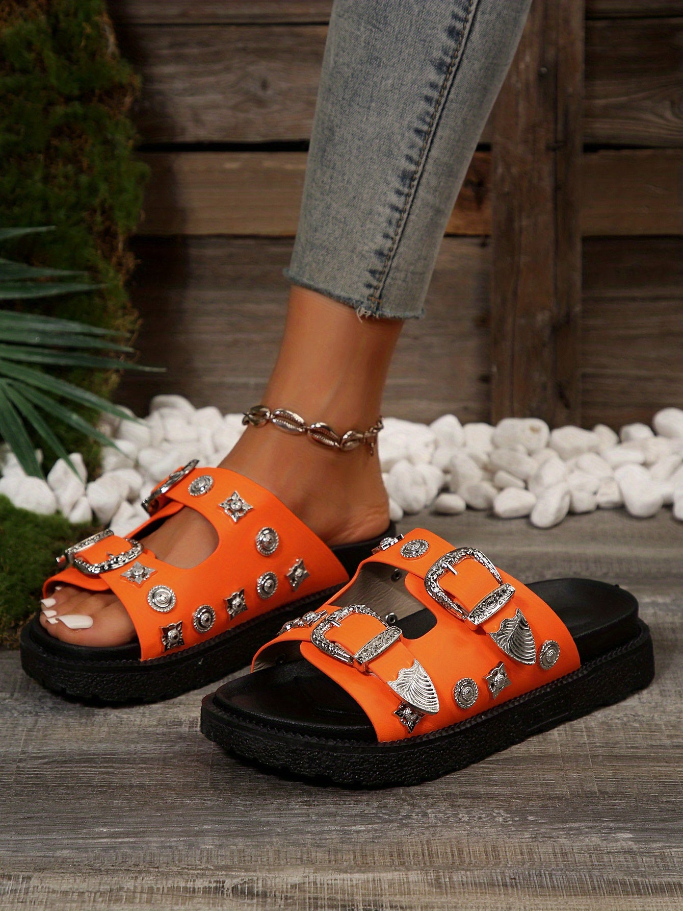 Women's Round-Toe Mule Fashion Double Buckle Platform