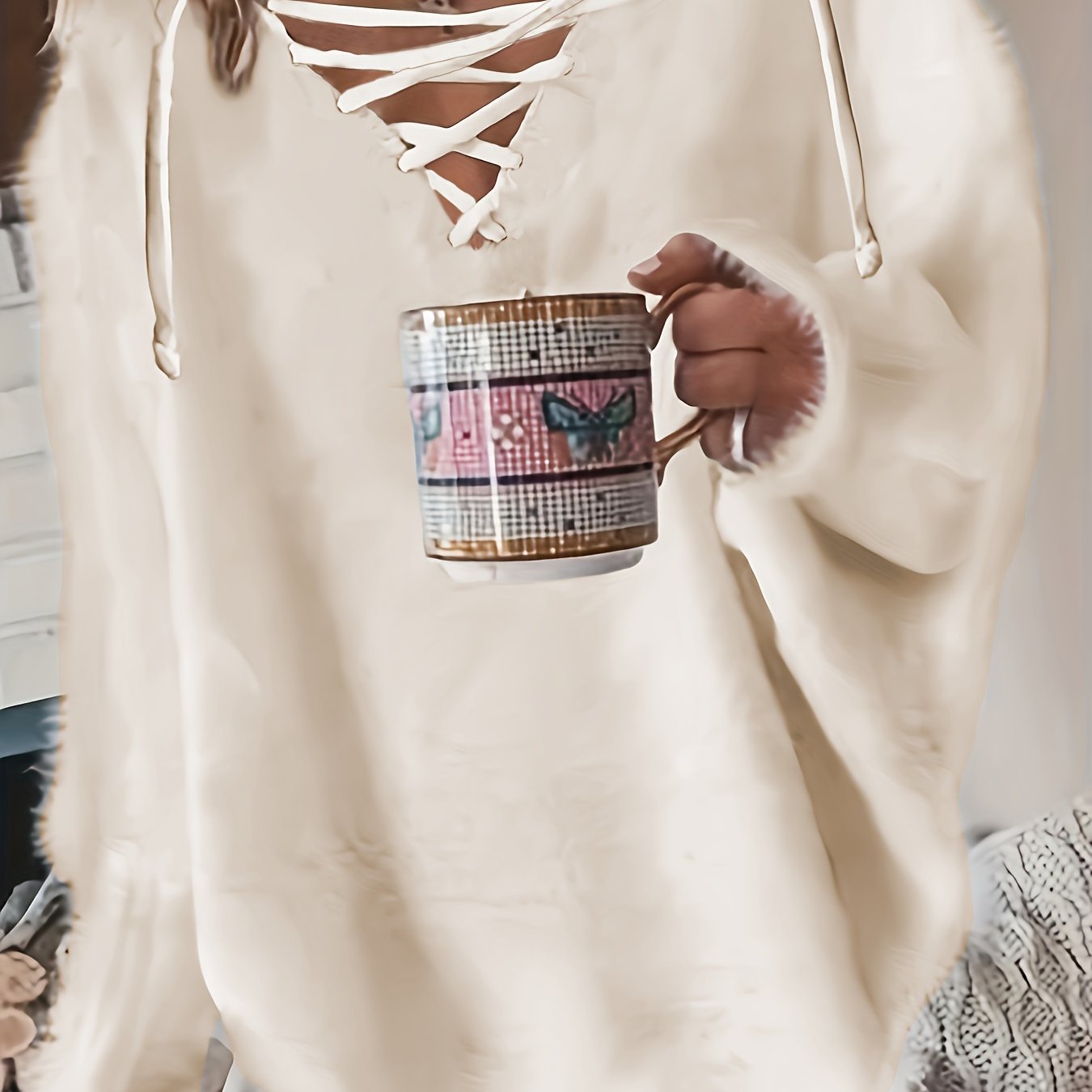 Women's Plus Size Casual V-Neck Knit Sweater with Batwing Sleeves