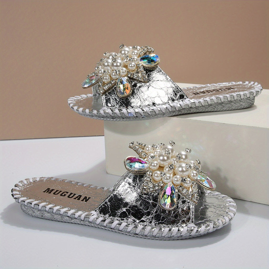 Women's Hand Stitched Floral Rhinestone Pearl Slipper