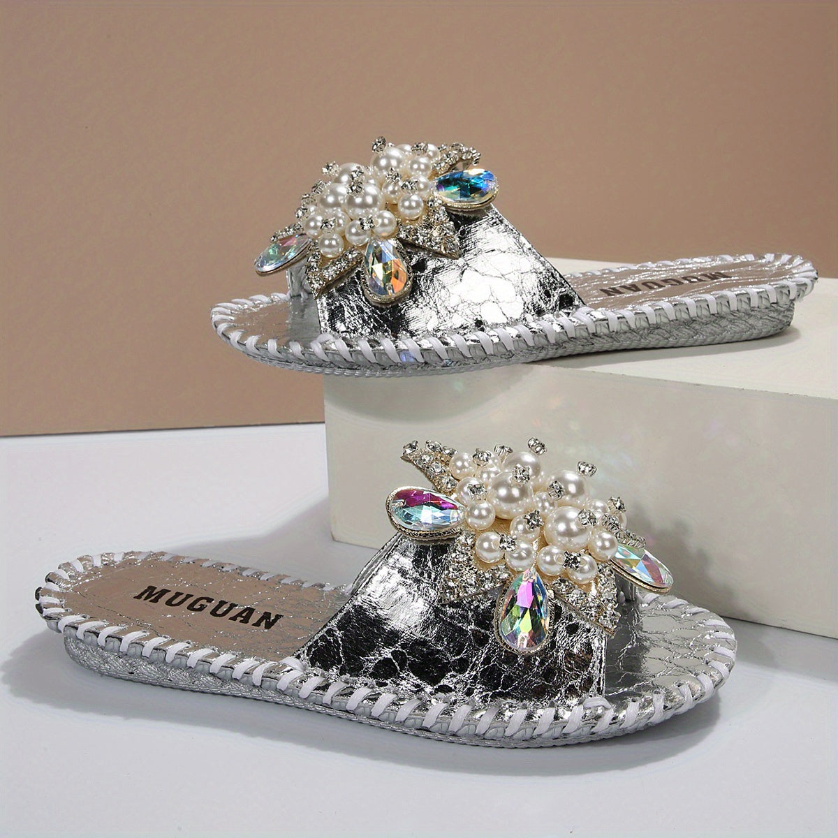 Women's Hand Stitched Floral Rhinestone Pearl Slipper