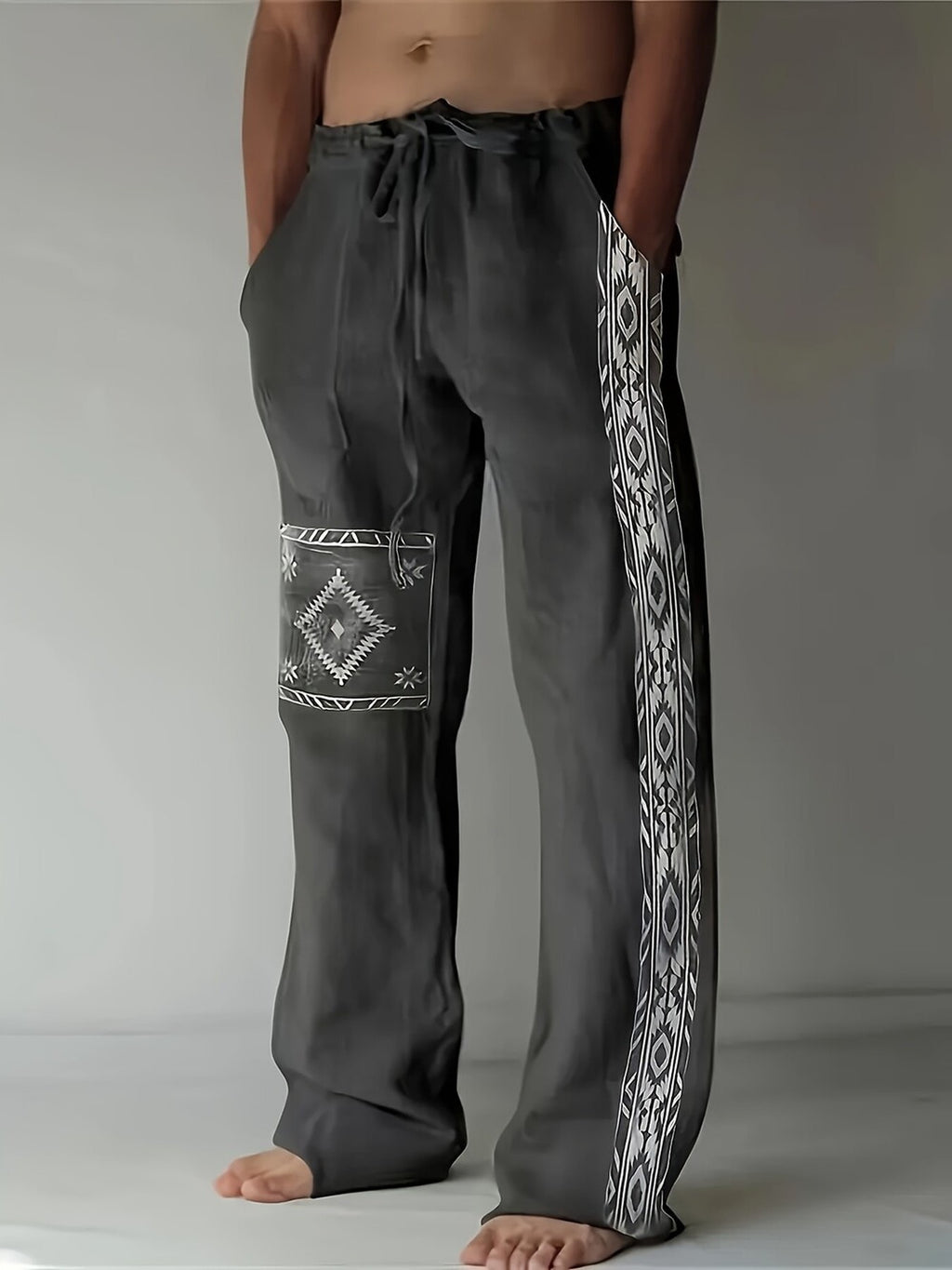 Men's Tribal Print Pants - Dark Grey Casual Trousers with Drawstring Waist