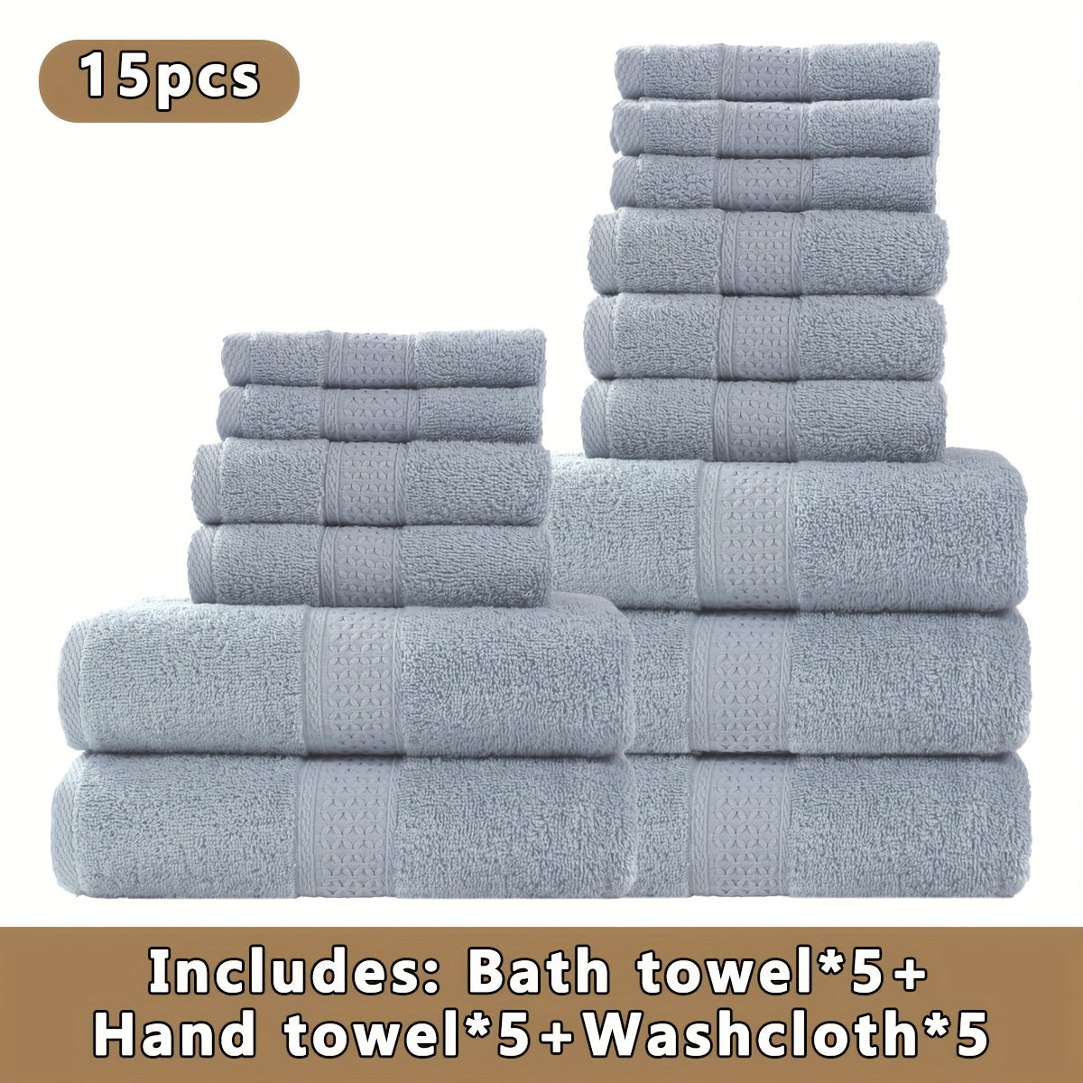15pcs 100% Cotton Bath Towel Set, 5 Bath Towels 5 Hand Towels 5 Washcloths