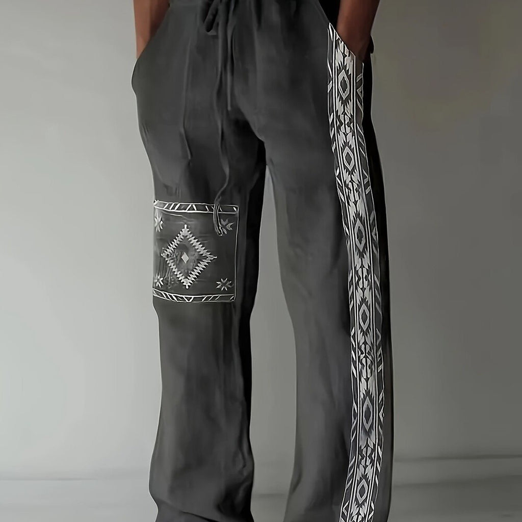 Men's Tribal Print Pants - Dark Grey Casual Trousers with Drawstring Waist