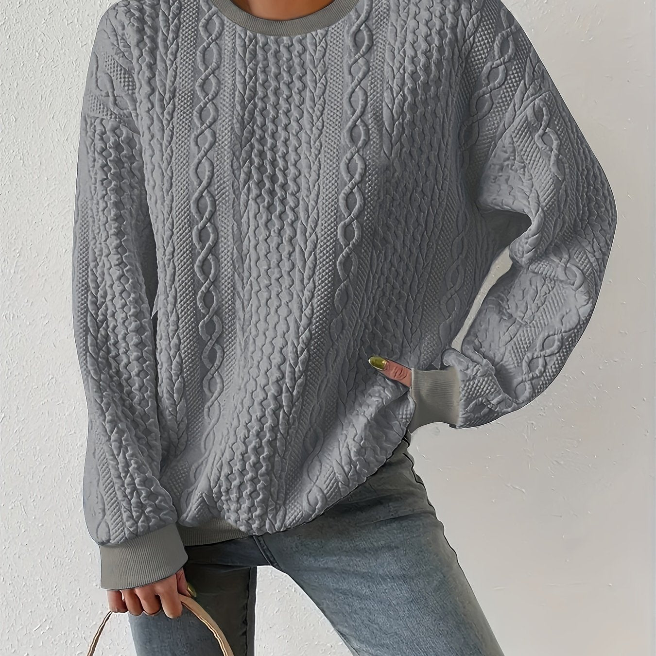 Loose Fit Women's Casual Textured Round Neck Pullover Sweatshirt