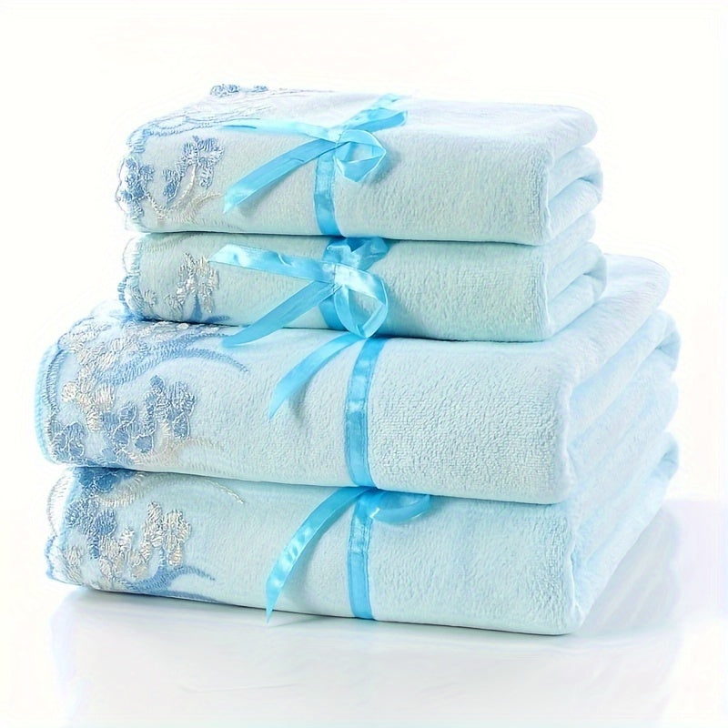 4pcs Floral Embroidered Towel Set, Ultra-Fine Fiber Towels