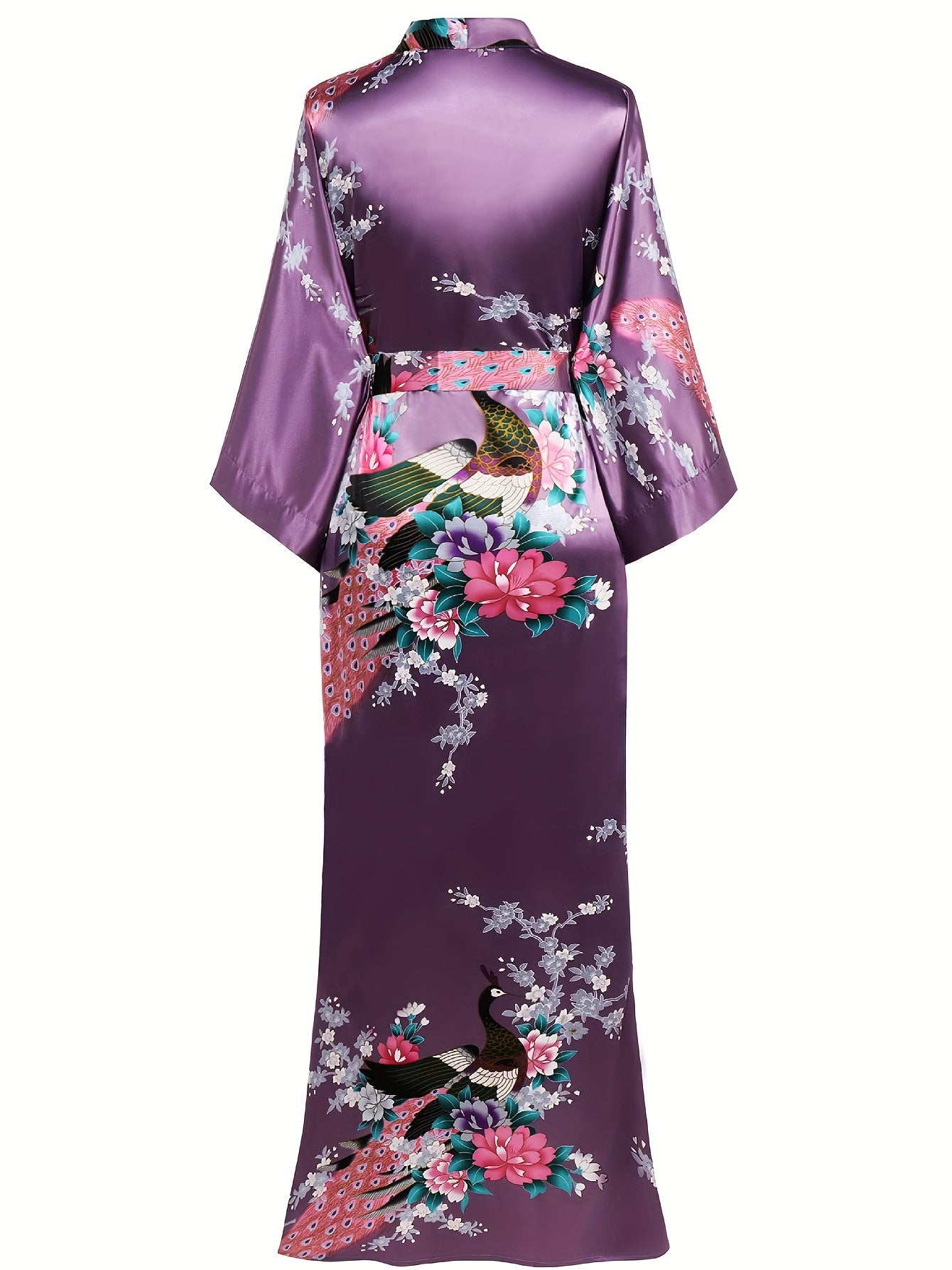Women's Kimono Robe Long Satin Robes with Peacock/Blossoms Kimono Gown