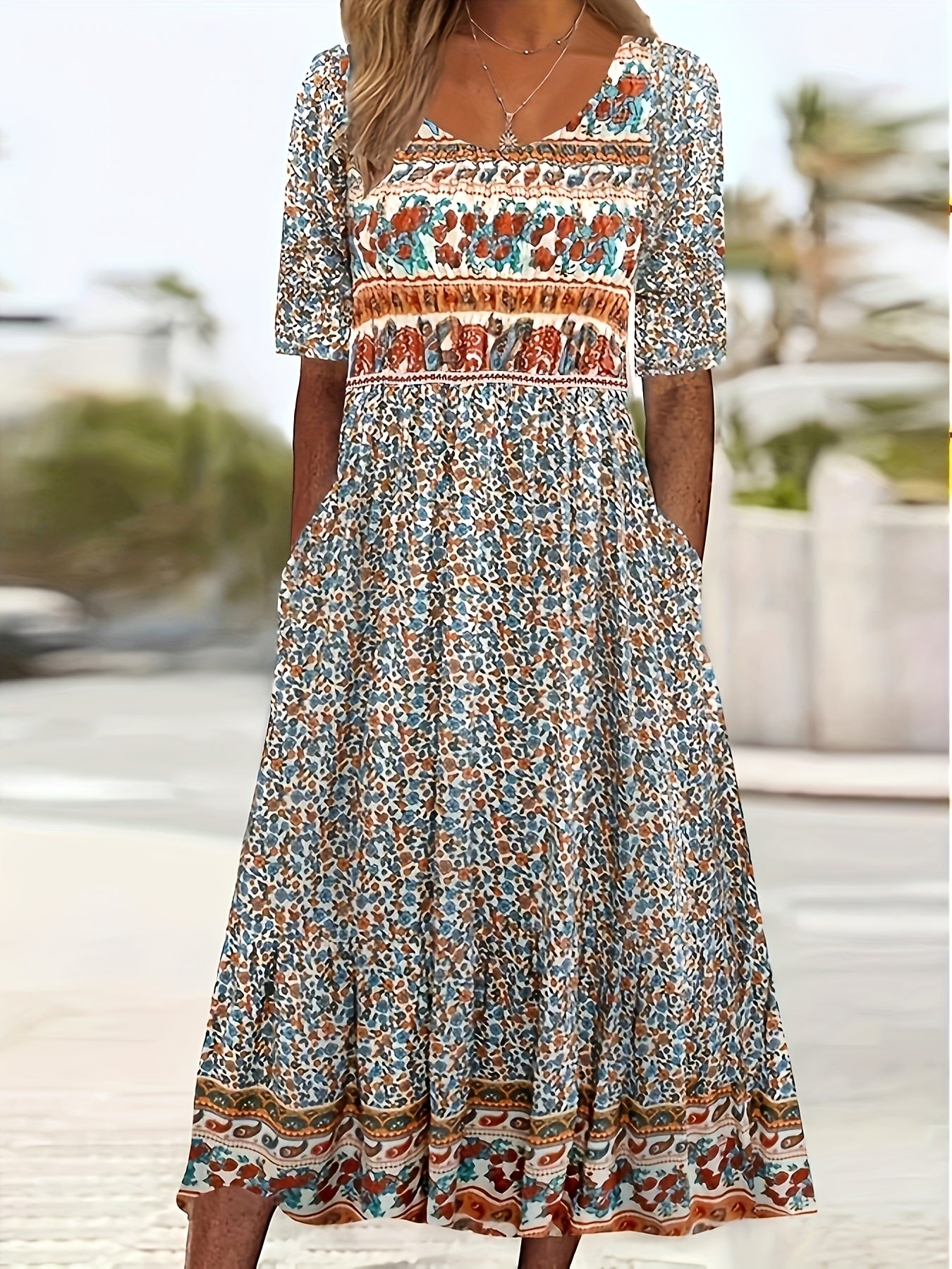 Plus Size Boho Charm - Vibrant Color block Floral Maxi Dress