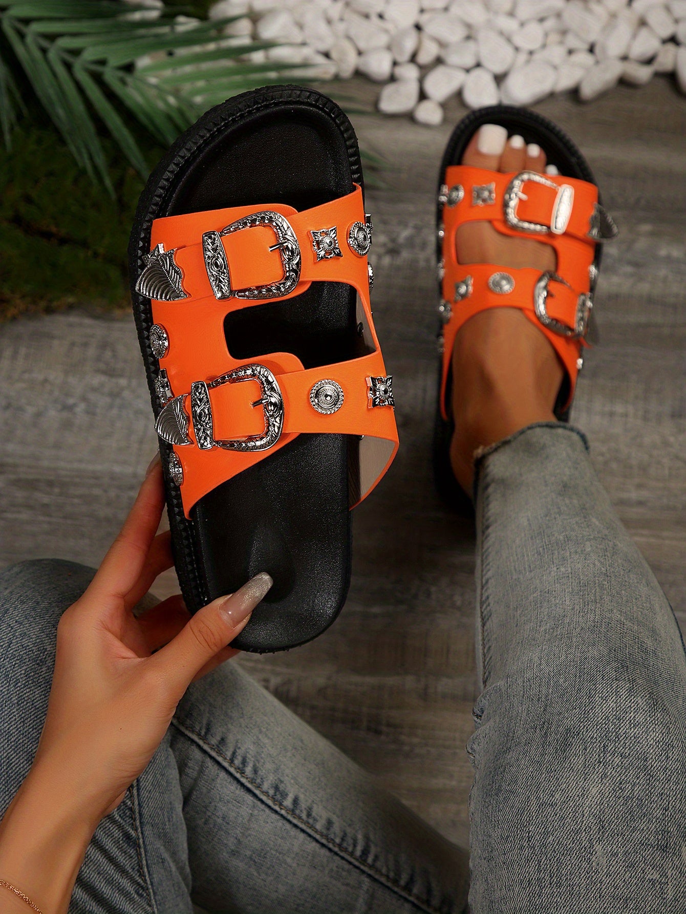Women's Round-Toe Mule Fashion Double Buckle Platform