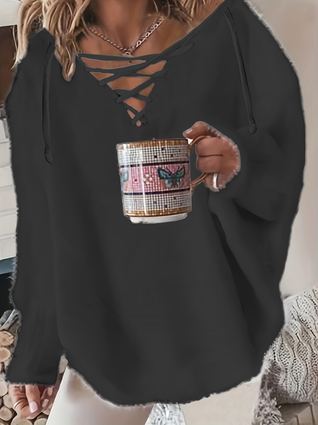 Women's Plus Size Casual V-Neck Knit Sweater with Batwing Sleeves