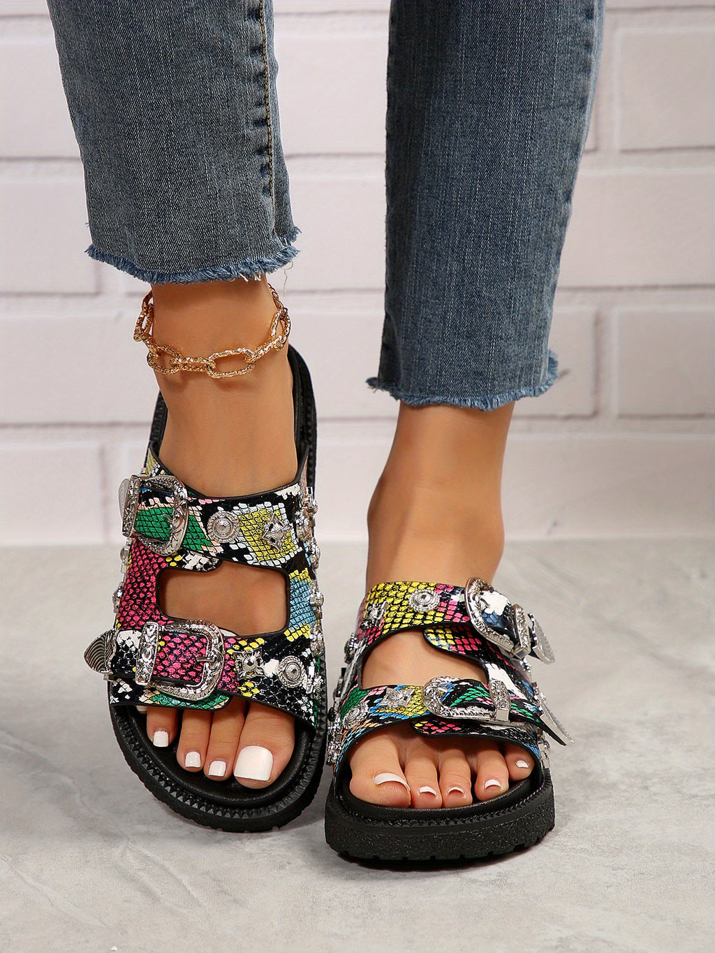 Women's Round-Toe Mule Fashion Double Buckle Platform