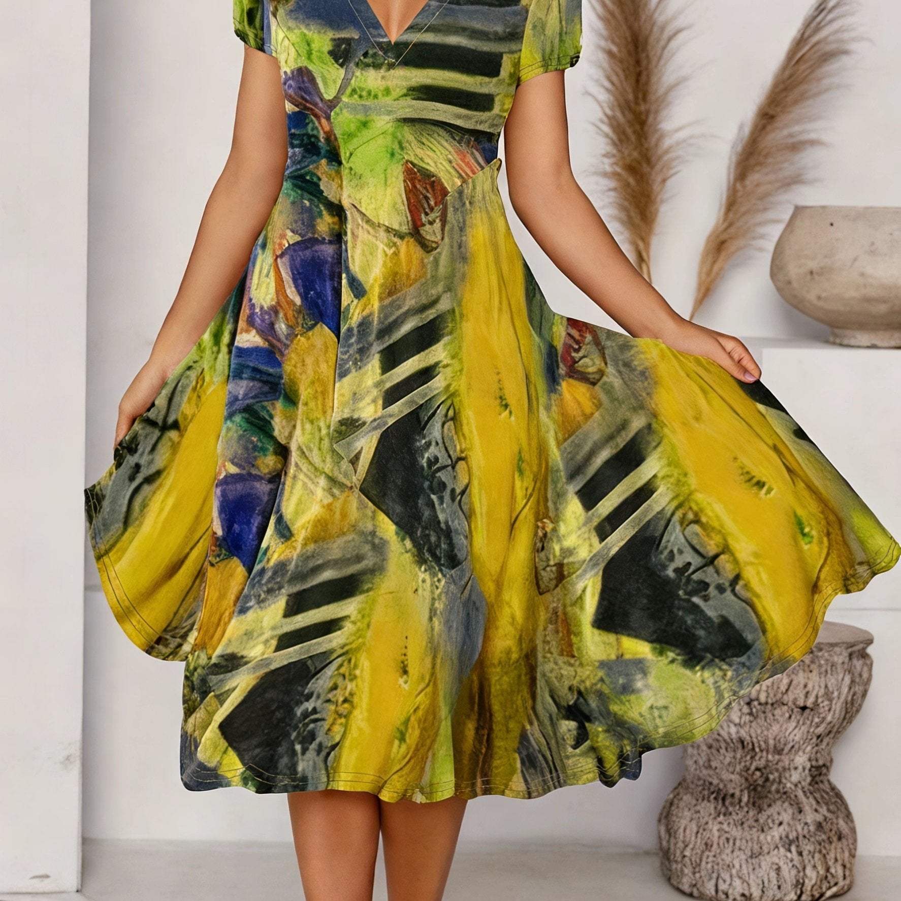 Women's Bohemian V-Neck Short Sleeve A-Line Dress