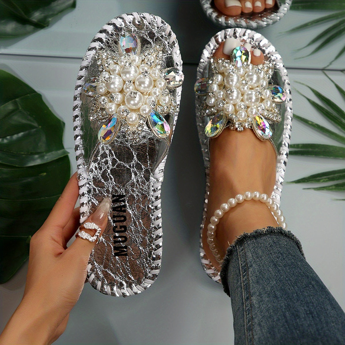 Women's Hand Stitched Floral Rhinestone Pearl Slipper