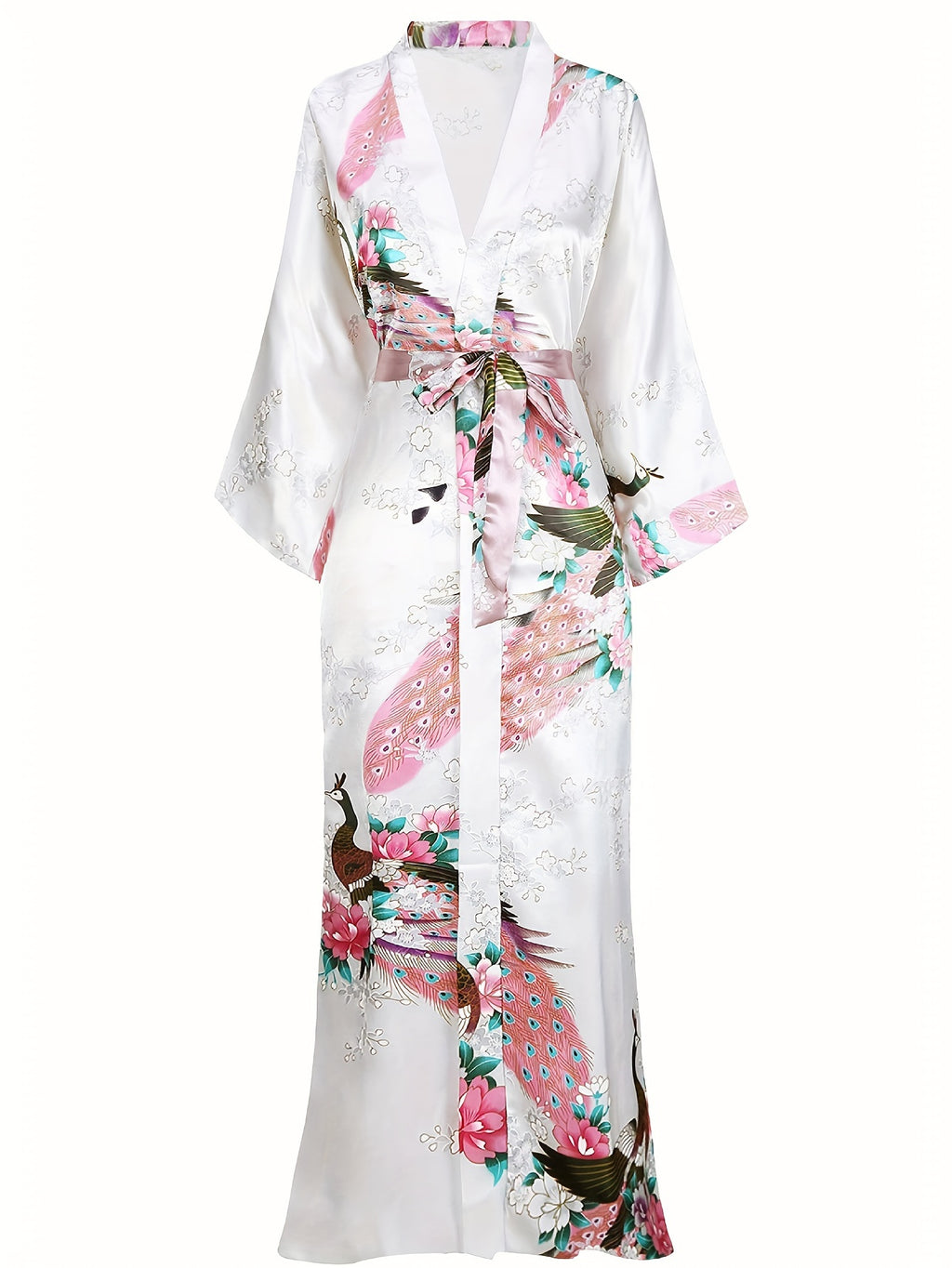 Women's Kimono Robe Long Satin Robes with Peacock/Blossoms Kimono Gown