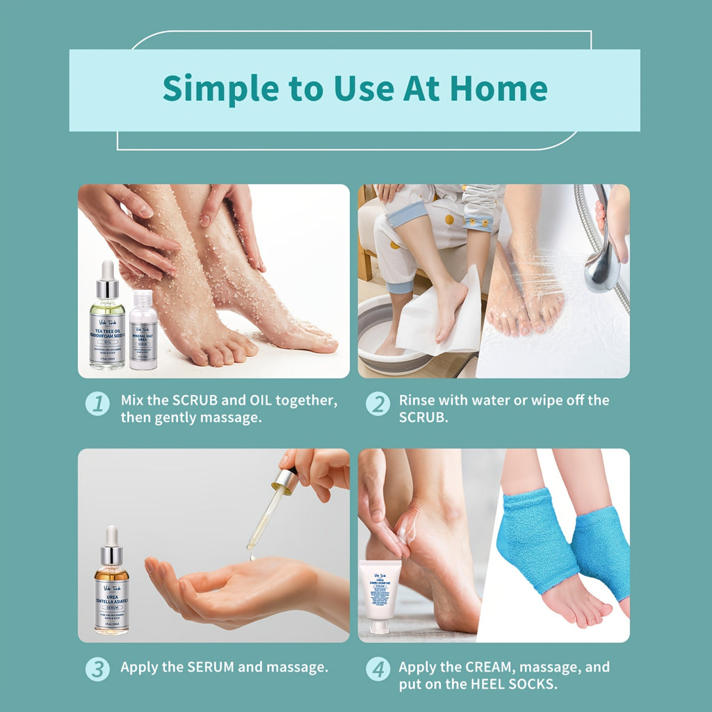 VTS Self Care Kit - Includes Moisturizing Heel Socks, Hand & Foot Oil, Salt Scrubs, Serum, Urea Cream 40 Percent - Hand Care Set, Foot Pedicure Kit