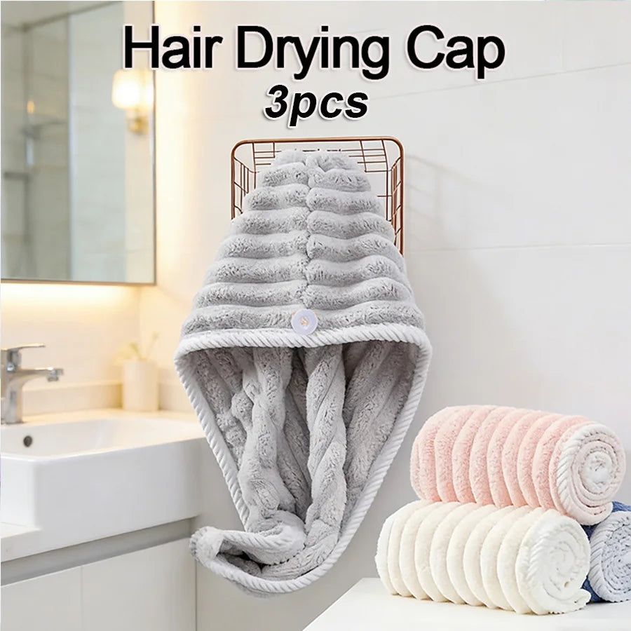 3pcs Premium Hair Drying Cap Soft Absorbent Quick-Drying Microfiber Hair Towel