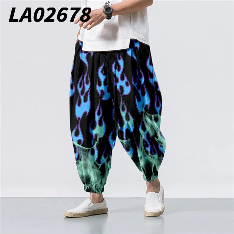 Oversize 6XL Summer Floral Crane Printed Casual Beach Harem Pants Men