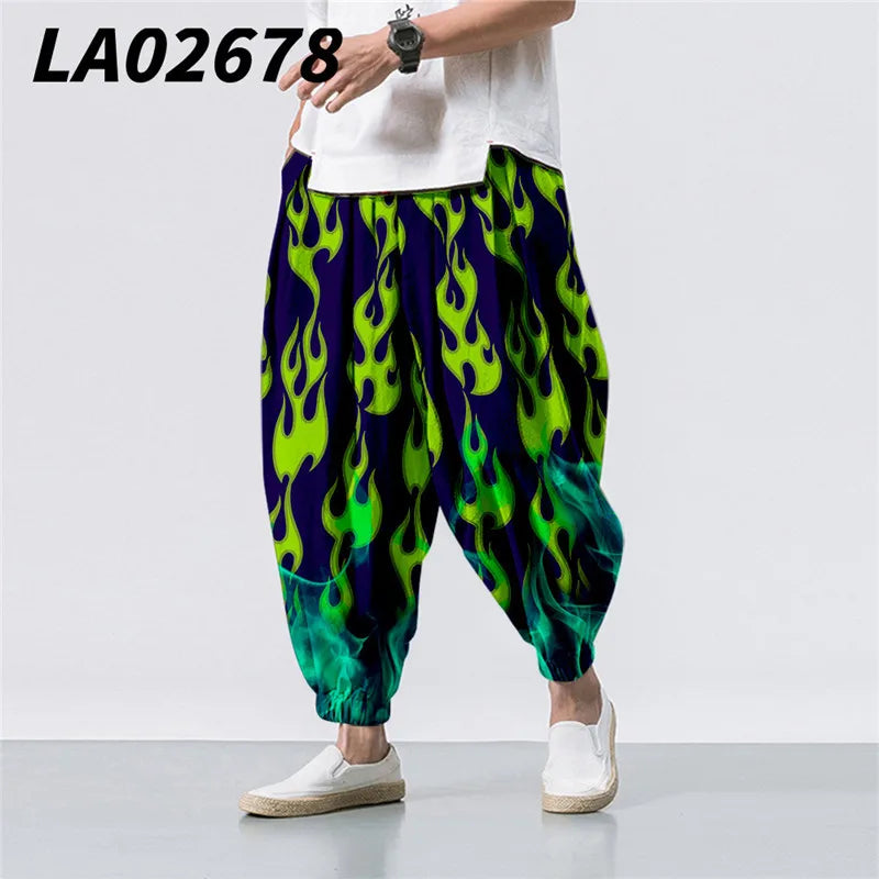 Oversize 6XL Summer Floral Crane Printed Casual Beach Harem Pants Men