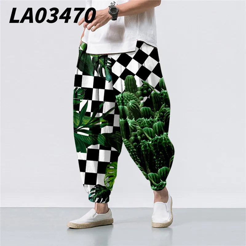 Oversize 6XL Summer Floral Crane Printed Casual Beach Harem Pants Men