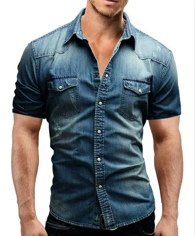 Men Denim Summer Short Sleeve Soft Cotton