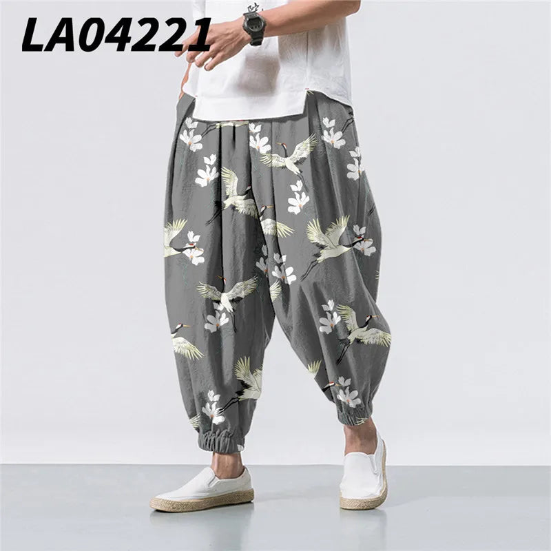 Oversize 6XL Summer Floral Crane Printed Casual Beach Harem Pants Men