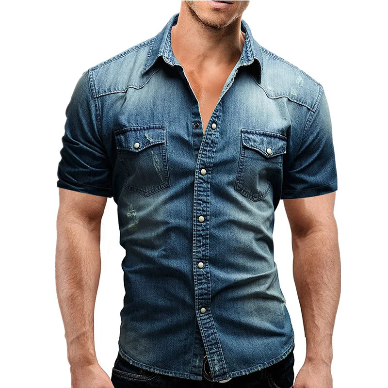 Men Denim Summer Short Sleeve Soft Cotton