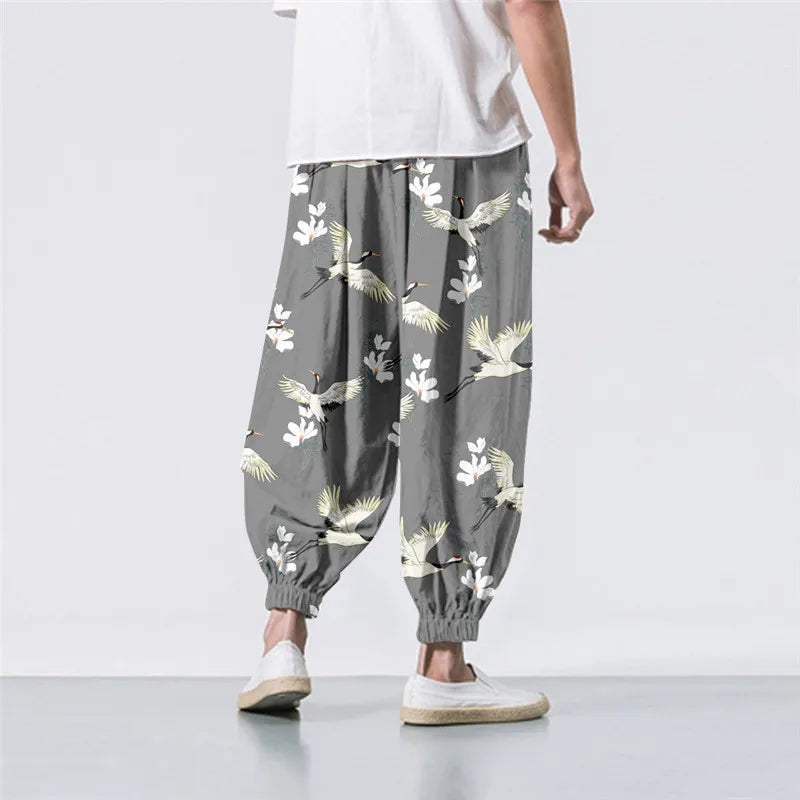 Oversize 6XL Summer Floral Crane Printed Casual Beach Harem Pants Men