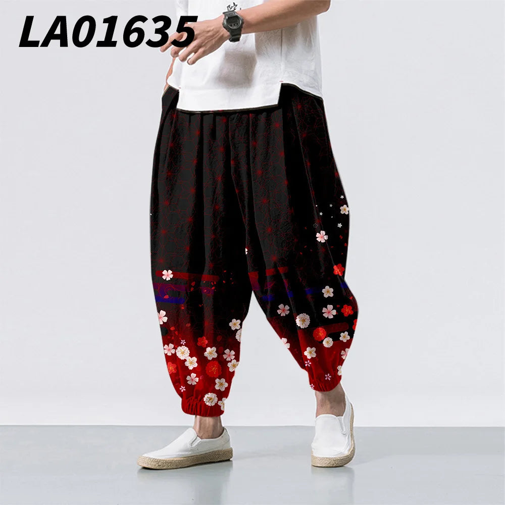 Oversize 6XL Summer Floral Crane Printed Casual Beach Harem Pants Men