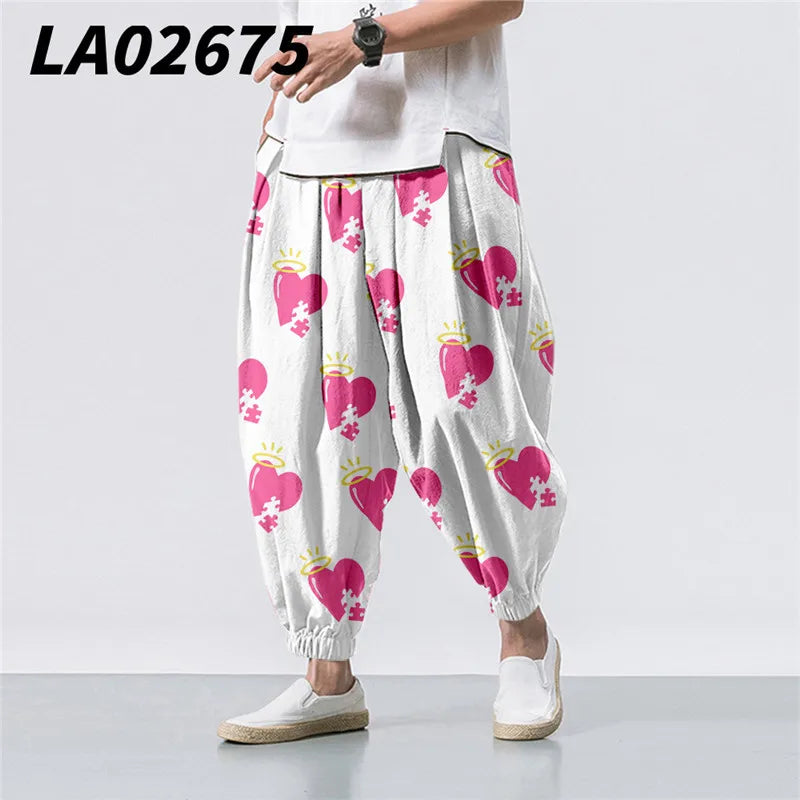 Oversize 6XL Summer Floral Crane Printed Casual Beach Harem Pants Men