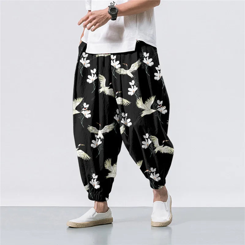 Oversize 6XL Summer Floral Crane Printed Casual Beach Harem Pants Men