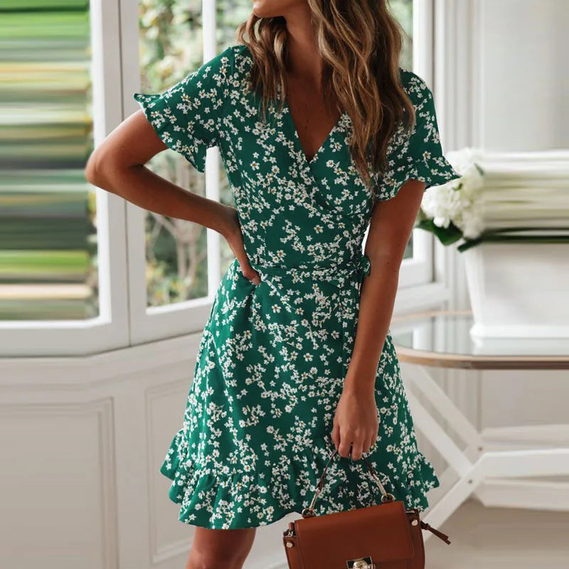 Boho Floral Print Ruffles Women Dress Summer