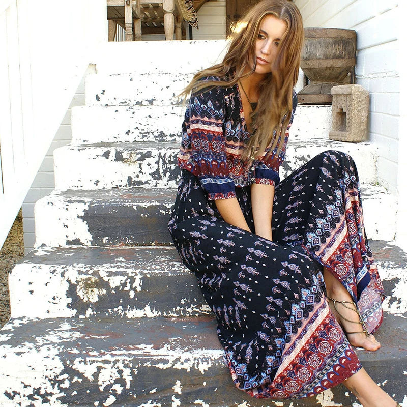 NEW Boho dress chic floral print maxi long dresses V-neck