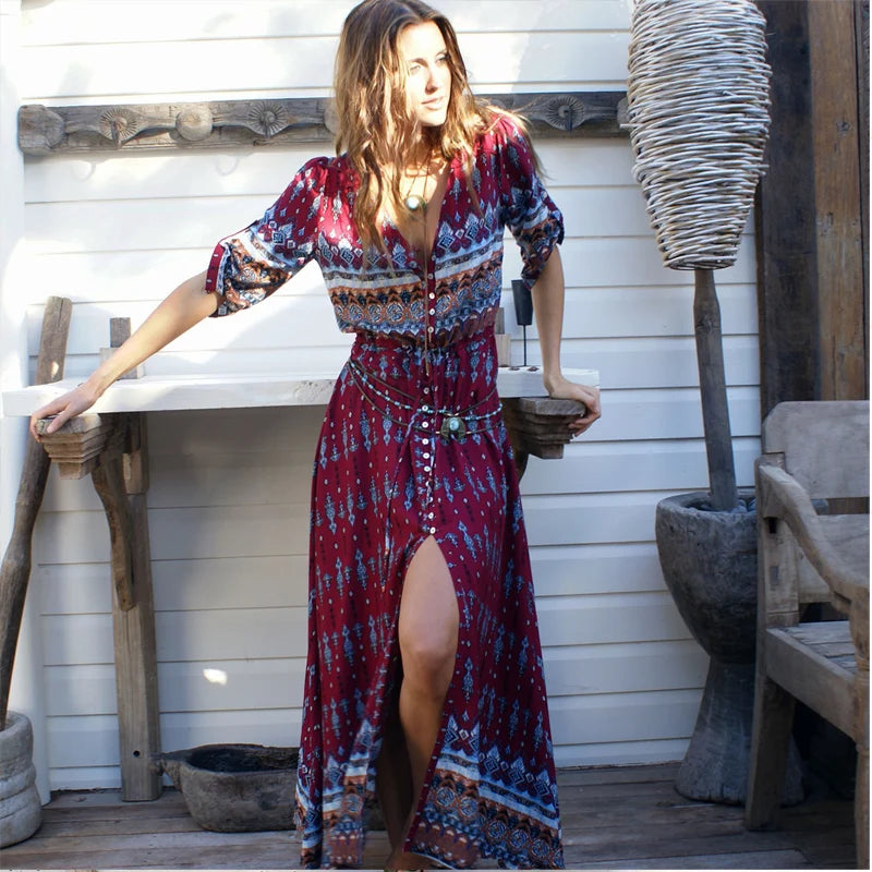 NEW Boho dress chic floral print maxi long dresses V-neck