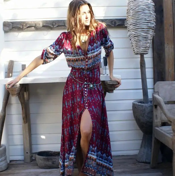 NEW Boho dress chic floral print maxi long dresses V-neck