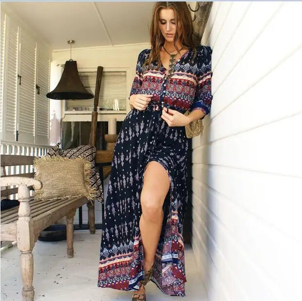 NEW Boho dress chic floral print maxi long dresses V-neck