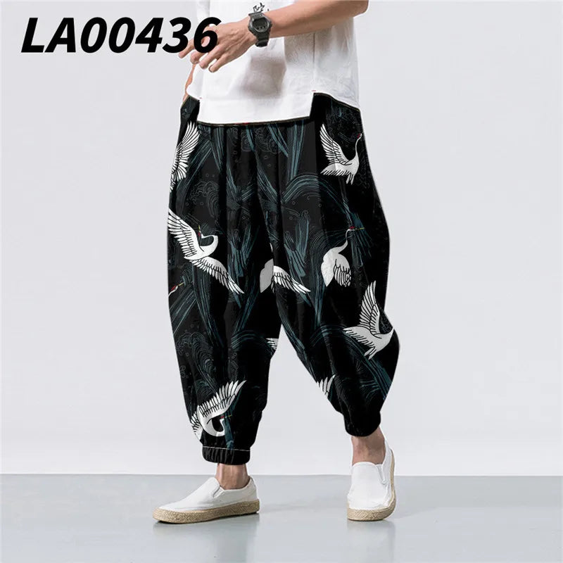 Oversize 6XL Summer Floral Crane Printed Casual Beach Harem Pants Men