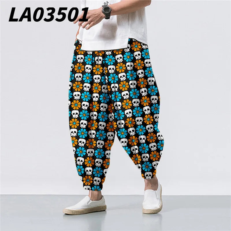 Oversize 6XL Summer Floral Crane Printed Casual Beach Harem Pants Men