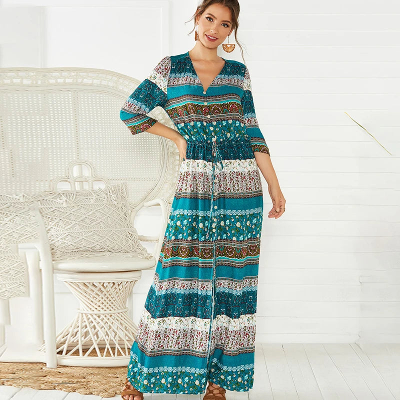 NEW Boho dress chic floral print maxi long dresses V-neck