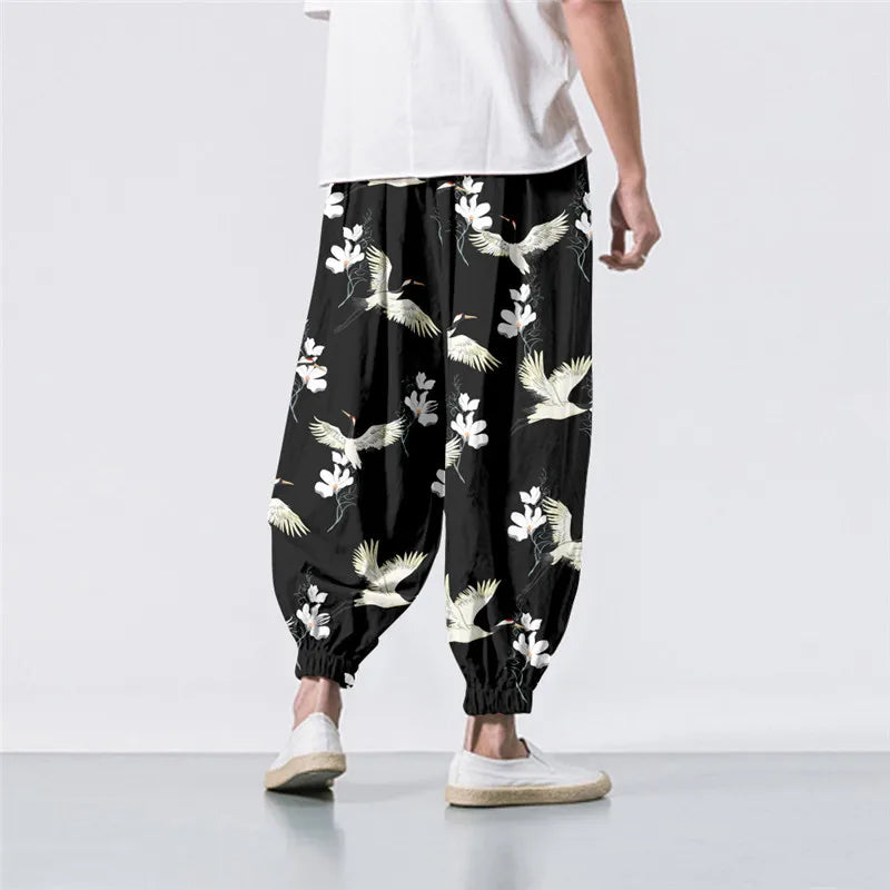 Oversize 6XL Summer Floral Crane Printed Casual Beach Harem Pants Men